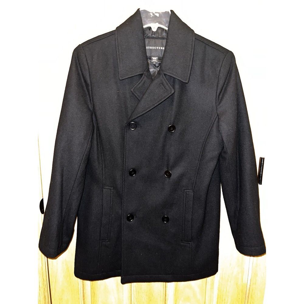 Structure Mens Small Black Wool Blend Pea Coat Insulated EUC Y2K‎
